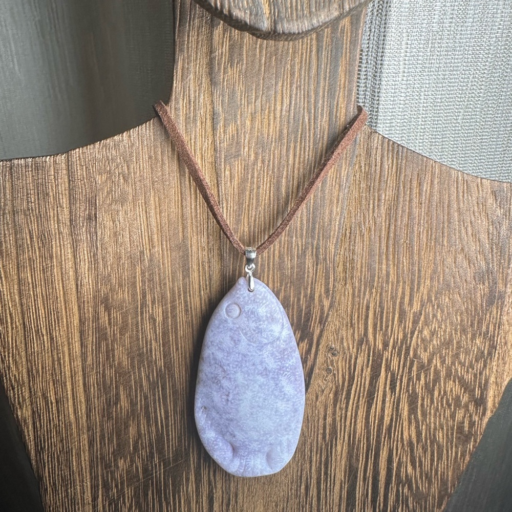 Ice Purple Coral Fossil Jade Fish Pendant Necklace on Brown Faux Suede - Picture 14 of 16